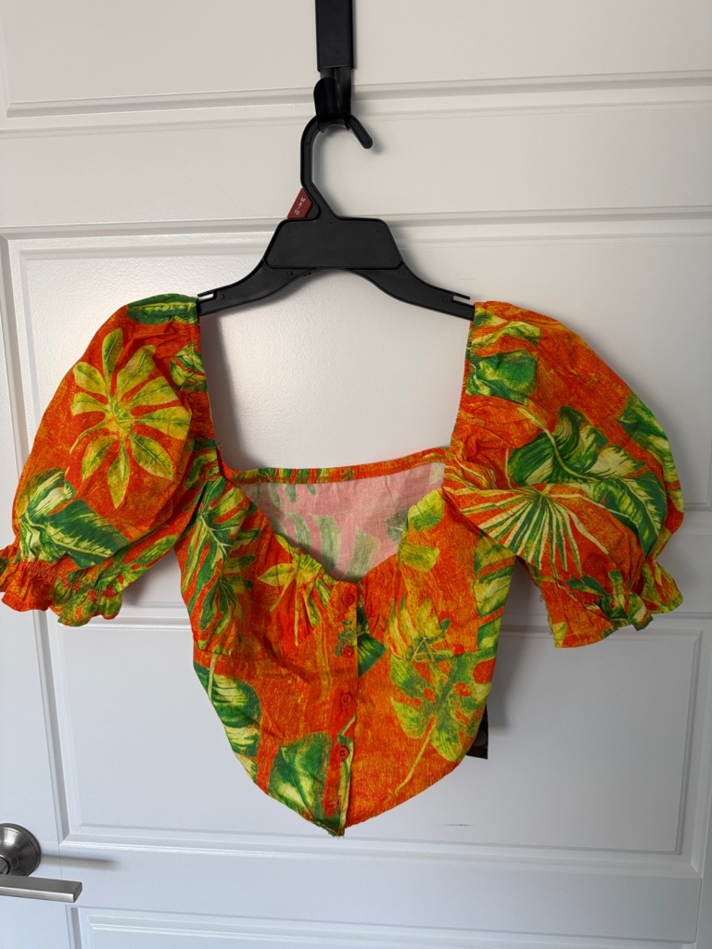 SHEIN Orange Tropical Puff-Sleeve Crop Top with Green Leaf Print